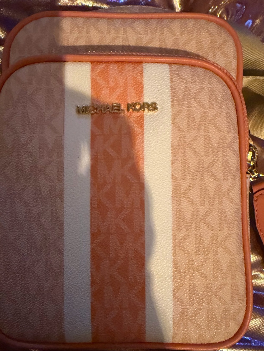 Michael Kors Peach and White Striped Crossbody bag